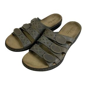 Clarks Women's Sandals 9.5 Gray Leisa Cacti Triple Strap Slide Leather Comfort